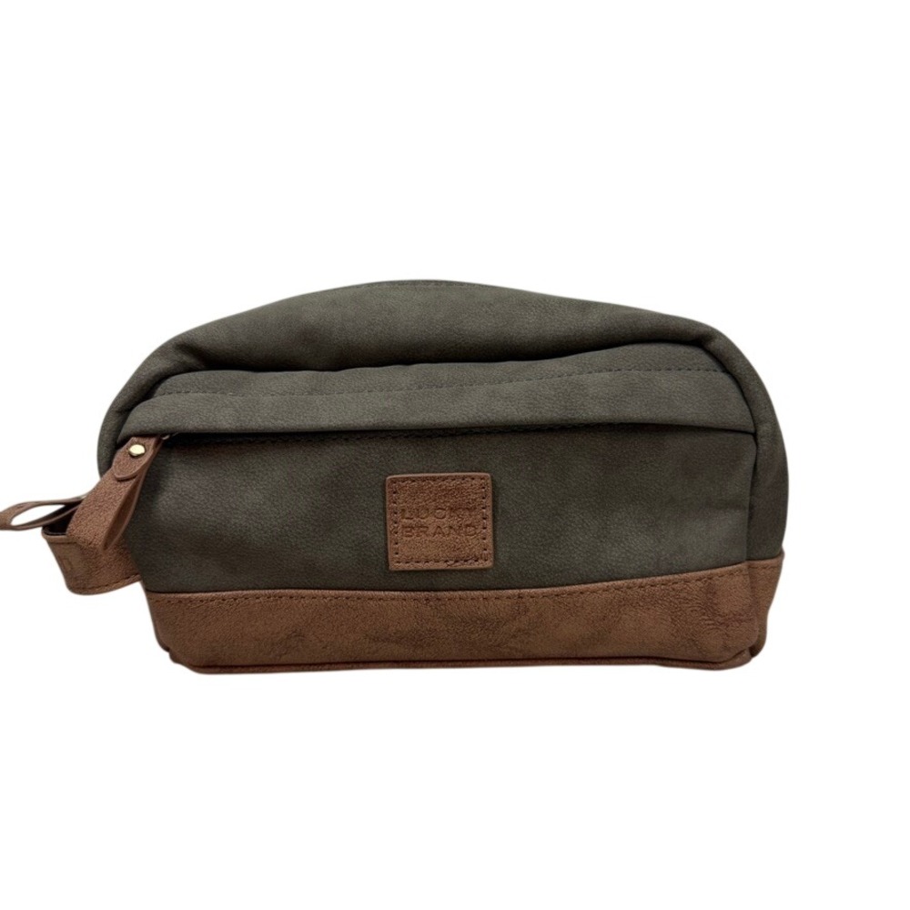 Lucky Brand Toiletry Bag Mens Olive Brown Faux Leather Travel Dopp Kit Organizer